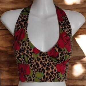 Newport News Vintage Animal Print and Roses Halter Crop Top Size 10